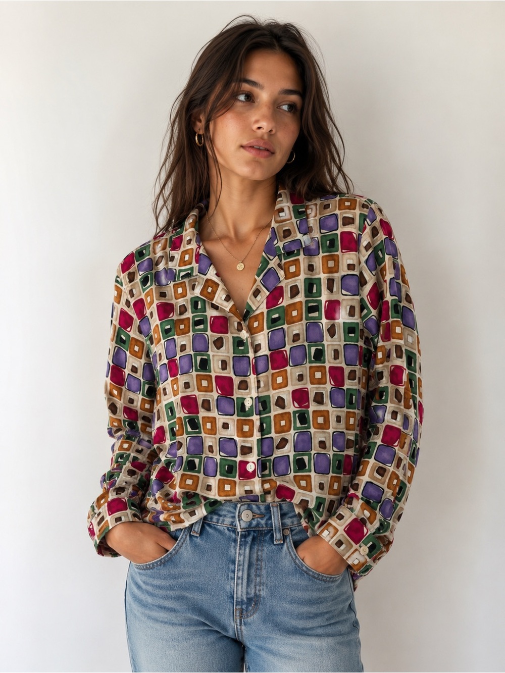 Vintage Alfred Dunner Multi-Color Geometric Square Blouse